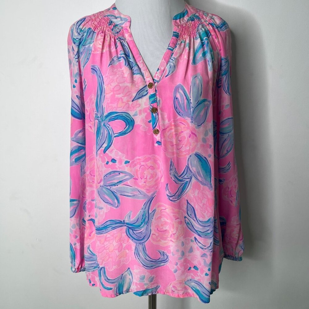 Lilly Pulitzer #000657 Women's Pink Blue Elsa 100% Silk V-Neck Blouse Size XS